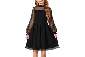 Arshiner Dziewczęca sukienka z siateczki, długi rękaw, sukienka na imprezę, okrągły dekolt, jednokolorowa, sukienka dziecięca, linia A, sukienka midi, odświętna sukienka dla dzieci w wieku 6-14 lat