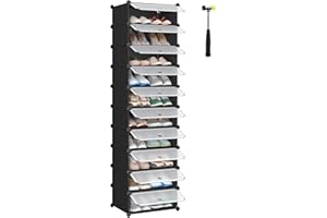 SONGMICS Meuble à Chaussures avec 10 Compartiments Rectangulaires, pour 20 Paires, Étagère Modulable en Plastique, Boîte à Chaussures, avec Porte, Maillet, Rangement, Noir LPC10HV1