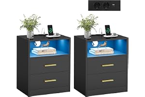 VASAGLE Custos Collection - Set med 2, sängbord med grenuttag, LED, sidobord med lådor, öppet fack, 2 AC-uttag, USB-portar, b