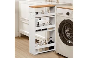 FetiNes Carrello per Nicchia con Ruote, 4 Livelli, Servizio Stretto Salvaspazio, Carrello da Cucina Bagno Sottile Multiuso 40x20x80cm,Rovere Chiaro+Bianco