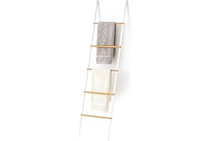 Relaxdays Towel Ladder, Bamboo & Iron, HWD: 164 x 45 x 2 cm, Decorative Ladder 5 Rungs, Towels & Clothing, White/Natural