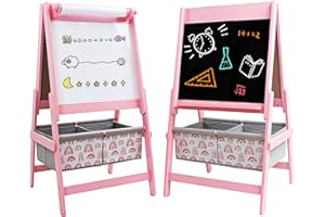 HS-LIGHTING Kinder Staffelei Standtafel Kindertafel Holz, Whiteboard+Kreidetafel+Papierrolle+2 Aufbewahrungsboxen, magnetische Doppelseitige Schreibtafel Schultafel Geschenke für Kinder, 93 x 54 x 45 cm (Rosa)
