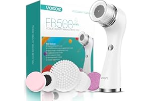 VOGOE Cepillo Limpiador Recargable, Exfoliante Giratorio IPX7, 3 Velocidades y 5 Cepillos Eléctricos para Cara y Cuerpo Limpieza Exfoliación y Masaje, Blanco