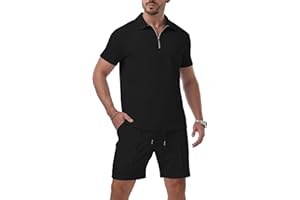 QIXING Mens Shorts and T shirt Sets Polo Colloar Mens Summer 2 Piece Holiday Clothes Co ord Shorts Set with half Zip Tracksuit