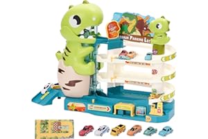 ARK MIIDO Garage Macchine per Bambini, Parcheggio Macchinine Tre Piani e Ascensore di Giocattoli, Dinosauri Giocattolo Auto Garage con 6 Autos e Mappa, Idea Regalo per Bambini 2 3 4 5 Anni