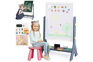 BODERAM Chevalet en bois pour enfants deux en un Étagère de support réglable double face grand tableau blanc d'écriture et de dessin et tableau blanc avec accessoires magnétiques pour garçons et filles