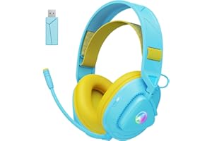Awinnasey Cuffie Gaming Wireless con microfono, Cuffie da gioco Bluetooth sopra l'orecchio con luci RGB, 2,4 GHz Cuffie da gioco wireless per PS5, PS4, Switch, PC, Mac, Blu Giallo