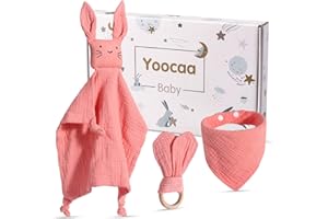 Yoocaa Baby Geschenk Mädchen Geschenk zur Geburt Mädchen, Reiner Musselin Baumwolle Schmusetuch, Lätzchen und Beißring Geschenke zur Geburt (Rosa)