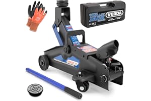 VERDA Hydraulischer Wagenheber 2T, 140-310mm, Gummiuaflage extra flach, SUV, Jeep, Rangierwagenheber mit Transportkoffer Heber Geländewagen, inkl. Handschuhe, Wohnmobil Auto Heber Profi