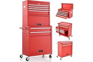 GiantexUK Tool Cabinet, 2 in 1 Lockable Metal Chest with Removable Top Wheels, 5/6 Drawers, Pegboard & Hooks, Heavy-duty Rolling Box Trolley (with Middle Toolbox, Red), 65 x 33 x 132cm