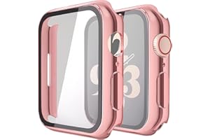 Piuellia 2 Pack Hard Case with Tempered Glass Screen Protector for Apple Watch Series 9 (2023) Series 8 Series 7 41mm, Ultra-Thin Overall PC iWatch Protective Cover, 1 Rose Pink + 1 Transparent