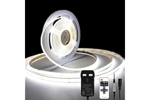 TTWAY COB LED Strip Lights, Dimmable LED Strip Kit 6000K, Super Bright 24V LED Tape Lights CRI90+ with RF Remote and UKCA Power Supply for DIY Home Decoration, 5M, 2400LEDs, Cool White.
