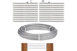 TooTaci 30M Cable Inox,3mm Cable Métallique avec 10 paires filetage manuel gauche et droite Tendeurs Vis pour poteau en bois,Câble en Acier Inoxydable T316,pour Kit Garde-corps terrasse/escalier