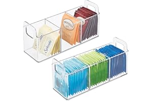 ‎MDESIGN mDesign 2er-Set Küchen Organizer mit Griffen – praktische Teebox mit 3 Fächern für Küche und Speisekammer – Aufbewahrungsbox für Tee, Süßstoff, Kaffeepads und andere Lebensmittel – durchsichtig