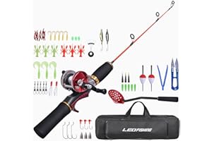 LEOFISHING Ice Fishing Rod and Reel Combos Two-Piece Ice Fishing Pole with Complete Kits JIG Hooks Soft Lures Spoon and Carrier Bag 50cm/19.7inch