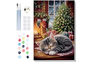 Lxmsja Paint by Numbers Christmas for Adults Beginners with Frame, Painting by Numbers Cat on Canvas, Diy Acrylic Painting Kit Art and Crafts for Home Wall Decor, 8x12inch