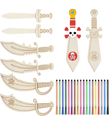 SZZETK 12 Pièces D'épée de Pirate en Bois avec 12 Stylos de Couleur, Peinture D'épée de Pirate, Sabre de Pirate Créatif en Bois, Loisir Anniversaire Pirate Jouet Carnaval Halloween Artisanat Classe SZZETK 12 Pièces D'épée de Pirate en Bois avec 12 Stylos de Couleur, Peinture D'épée de Pirate, Sabre de Pirate Créatif en Bois, Loisir Anniversaire Pirate Jouet Carnaval Halloween Artisanat Classe