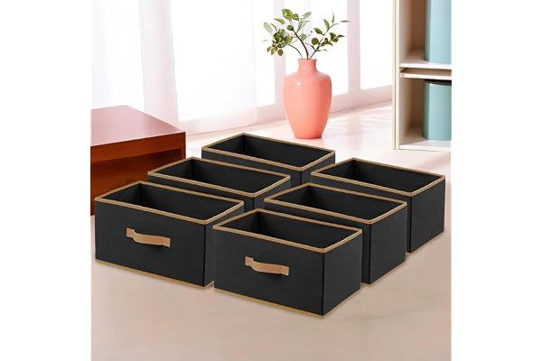 Kuber Industries Foldable Boxes For Storage (Pack of 6) - Multipurpose Storage Organizer For Clothes Wardrobe Closet Toys Books Home - Undergarment Organizer Basket With Handle (Black)