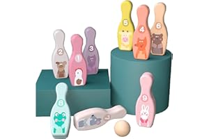 WSNDM Juego De Bolos De Madera, 9 Juego De Bolos De Madera con Animales y Números, 1 Bolas, Exterior y Interior Juego De Bolos Regalo para Niños Niñas Bebe, Juguete Educativo para Niños