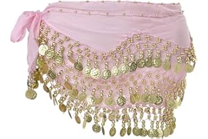 SamHeng Bufanda de cadera para danza del vientre, falda de danza del vientre bufandas de cadera con 128 monedas de oro colgantes para disfraz de actuación clase de Yoga de danza del vientre