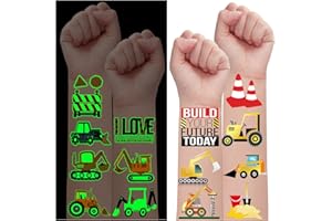 Leesgel Temporary Tattoos for Boys, 34 Styles Luminous + Metallic Glitter Tattoos for Kids Construction Theme Birthday Party Decoration Accessories, Vehicle Truck Fake Tattoos Toys Gifts for Boys