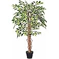 HOMESCAPES 4 Feet Variegated Ficus Tree With Real Wood Stems and Lifelike Leaves Replica Artificial Plant