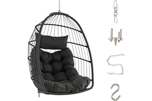 SFAREST Egg Swing Chair, Foldable Patio Hanging Chair with Soft Cushion and Head Pillow, Wicker Hammock Chair for Indoor Outdoor