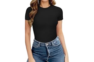 Shen&Qege Womens Round Neck Short Sleeve Slim Fit Bodysuit Suit Shirts Tank Tops