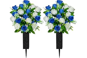 SIFOEL 2 Stück Künstliche Friedhofsblumen mit Vase, Künstliche Rose Grabdenkmal Blumen für Friedhof Grabsteine Dekoration (Dark Blue&White)