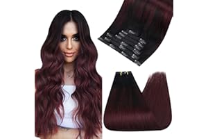Ugeat Clip Extensiones Pelo 14 Pulgadas Extensiones con Clips Pelo Natural 100G 8pcs Extensiones Clip Remy Negro con Vino Rojo #1B/99J Balayage Extensiones Clip
