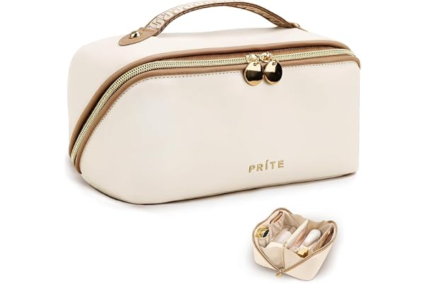 Prite Trousse de Maquillage pour Femme Trousse de Toilette en Cuir PU Vanity Imperméable pour Voyage avec Séparateur Transparent et Poignée (Beige M)