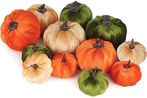 Ywlake 12 Pcs Artificial Pumpkins Assorted Sizes Fake Fabric Harvest Pumpkin Set Orange Green Khaki Foam Pumpkin for Fall Autumn Thanksgiving Halloween Decoration