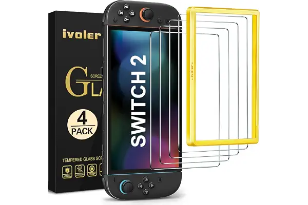 ivoler 4 Piezas Protector Pantalla para Nintendo Switch 2 Model 2025, instalación en 30 segundos Incluye Marco de Instalación Fácil, Cristal Vidrio Templado Premium