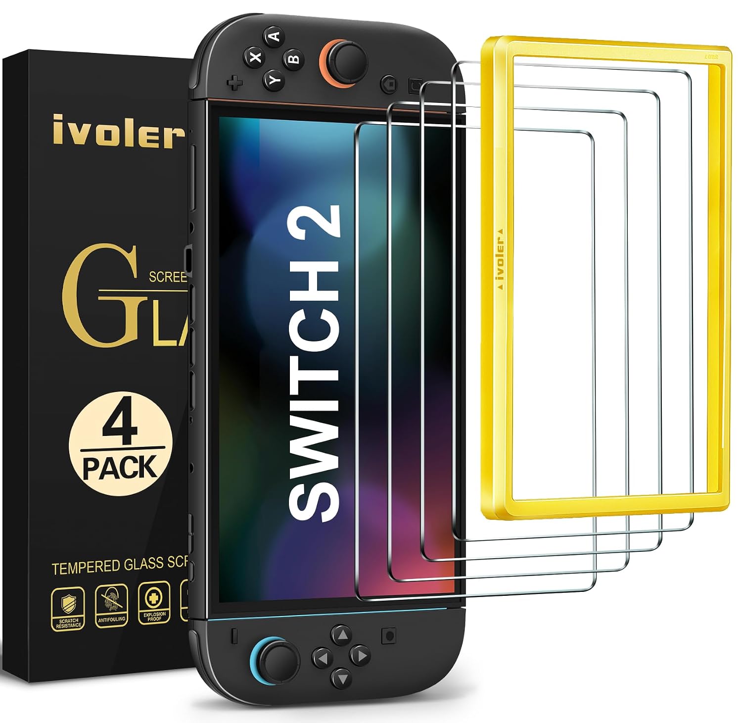 ivoler 4 Piezas Protector Pantalla para Nintendo Switch 2 Model 2025, instalación en 30 segundos Incluye Marco de Instalación Fácil, Cristal Vidrio Templado Premium