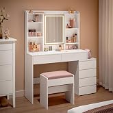 VASAGLE Dressing Table with Adjustable Brightness LED Lights | Makeup Table with Mirror, Open Compartments, Adjustable Shelve