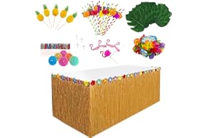 HBell 77-teiliges Hawaii-Gras-Tischrock-Set für tropische Party-Dekoration, Palmblätter, hawaiianische Blumengirlande, bunte Regenschirme, Papier-Ananas, 3D-Obst-Strohhalme, Garten, Grillen