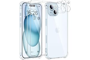 SOGUDE 5 en 1 Coque pour iPhone 15 avec 2 Verre Trempé et 2 Caméra Protecteur, Étui de Protection Antichoc avec Coussin d'air Intégré Mince Bumper Housse - Transparente