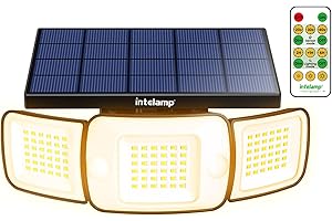 intelamp Solar Warm Light Outdoor 6000mAh Battery Solar Security Motion Sensor Light with Remote Control High Brightness IP65 Waterproof LED Flood Lights Garden Lights