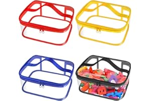 CNSJ 4 Pcs Clear PVC Toy Storage Bags with Handles 9.1x6.7x3.9 Inch Travel Toiletry Bags Waterproof Toy Storage Organizer Pouch with Zipper, Toys Board Game Storage Container for Building Blocks Puzzle