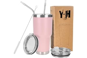 YJH Y·JH 30oz (850ml) Taza Termo Cafe Para Llevar - Vaso Con Pajita - Taza Térmica de Acero Inoxidable Reusable - 2 Tapas a Prueba de Salpicaduras Pajitas - Rosa
