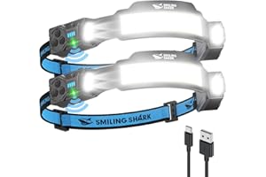 Smiling Shark TS-4 Lampe Frontale, LED Head Lamp Rechargeable 2400mAh 2x Projecteur Orientable & Flood & Strobe Headlamp avec Capteur de Mouvement pour Camping, Jogging, Randonnée, Course (2 PACK)