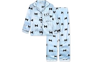 JiAmy pyjamas flickor långärmad pyjamas set sommar barn satin pyjamas 2 stycken button down tonåring nattkläder rosett tryck
