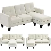 HOMCOM Reversible Chaise Longue Sofa L-Shape Chenille 186 cm Cream | 3 Seater Sofa, Padded Seat and Backrest, Steel Frame