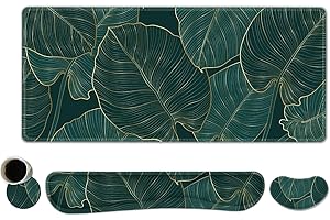 ToLuLu Extended Gaming Mouse Pad, Memory Foam Ergonomic Keyboard Mouse Wrist Rest Support Set, Large Desk Mat with Stitched Edges, Non-Slip Base Mousepad for Home Office Game, Green Golden Leaves