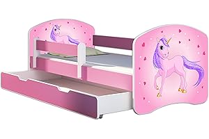Kinderbett Jugendbett mit einer Schublade und Matratze Rausfallschutz Rosa 70 x 140 80 x 160 80 x 180 ACMA II (17 Pony, 70 x 140 cm + Bettkasten)