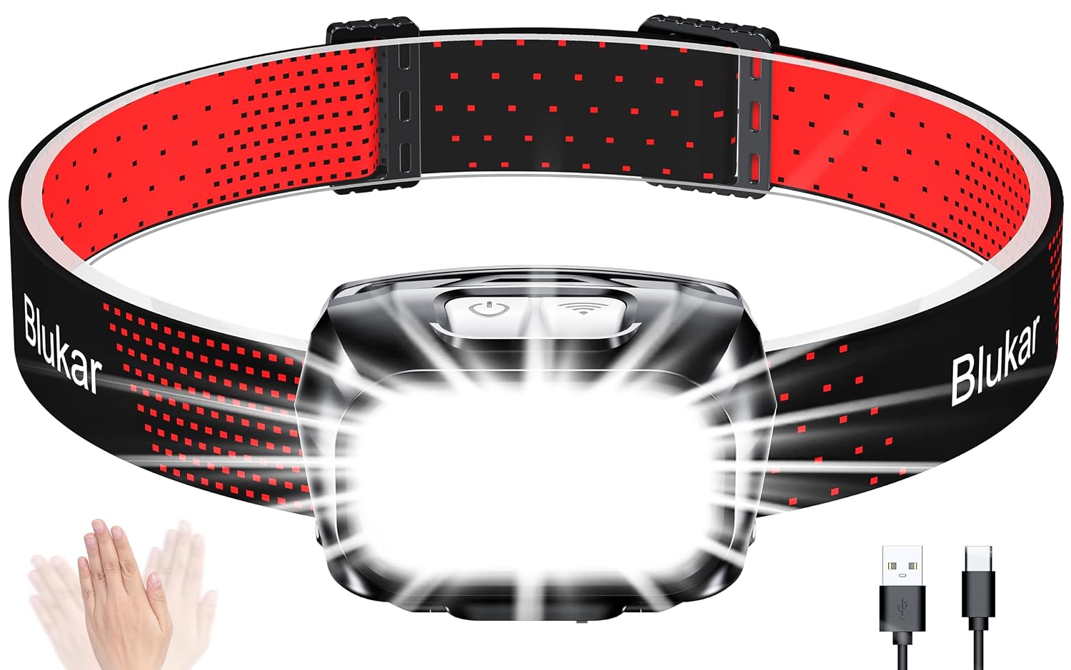 Blukar Torcia Frontale LED, 2000 Lumen Lampada Frontale con Sensore | 8 Modalità, Super Luminosa, Dimmerabile Continuo, IPX5 Impermeabile Ricaricabile Torcia da Testa per All'aperto/Blackout