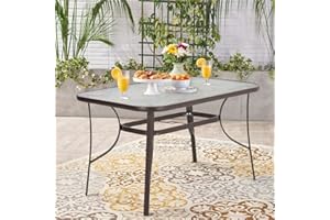 The Fellie Patio Table Outdoor Tempered Glass Top Dining Table Rectangle Coffee Table with Umbrella Hole for Garden, Backyard, Balcony (150 x 90 x 72cm-Rectangle Table, Brown)