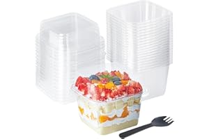 Wubushan Monoporzione per Dolci, 50Pcs Coppette Plastica Dessert 8oz, Finger food con coperchio e Cucchiaio, Tazze da dessert trasparenti peril Gelato, Mousse, Tiramisù