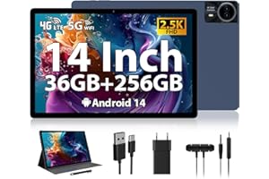 RUSHAR Newest Tablet 14 Pollici,Android 14 Tablet con 36GB RAM +256GB ROM (1TB TF),Tablet 4G LTE/SIM+5G WiFi,11580mAh|2240 * 1400HD|Octa-Core 2.0GHz|13MP+8MP|Face ID|BT 5.0,Tablet con Fondina,Blu