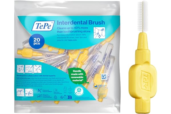 Brossettes Interdentaires TePe, Extra Souples, Jaune, 0.7mm/ISO 4, 20pcs, élimine efficacement la plaque dentaire entre les dents, pour espaces intermédiaires